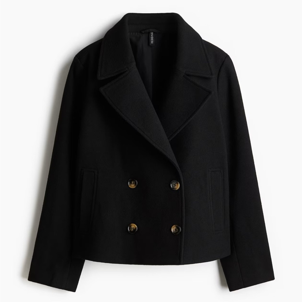 H&M Black Pea Coat Timeless Wool Blend